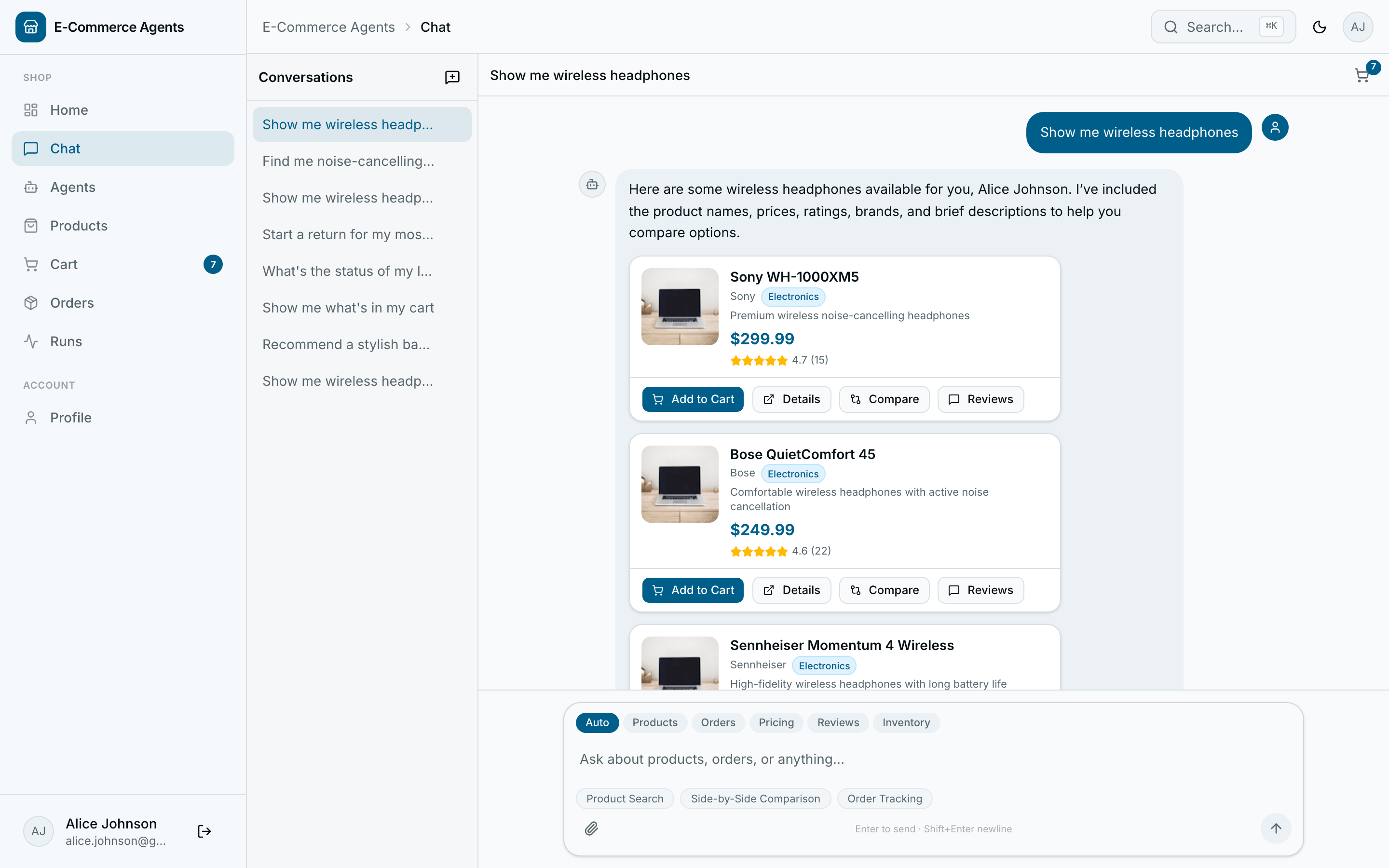 AI chat — product search with cards