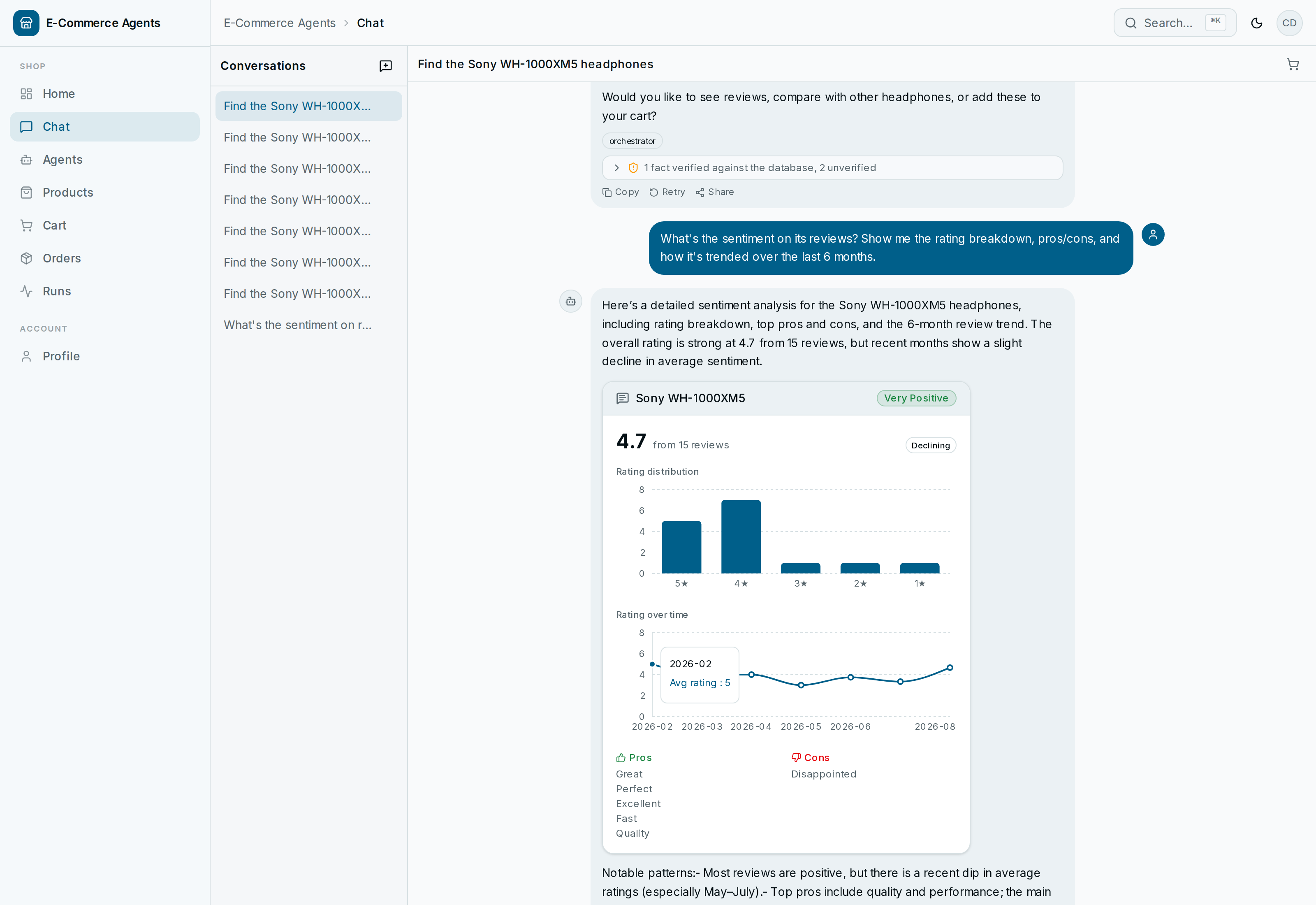 AI chat — review sentiment analysis with generative UI charts