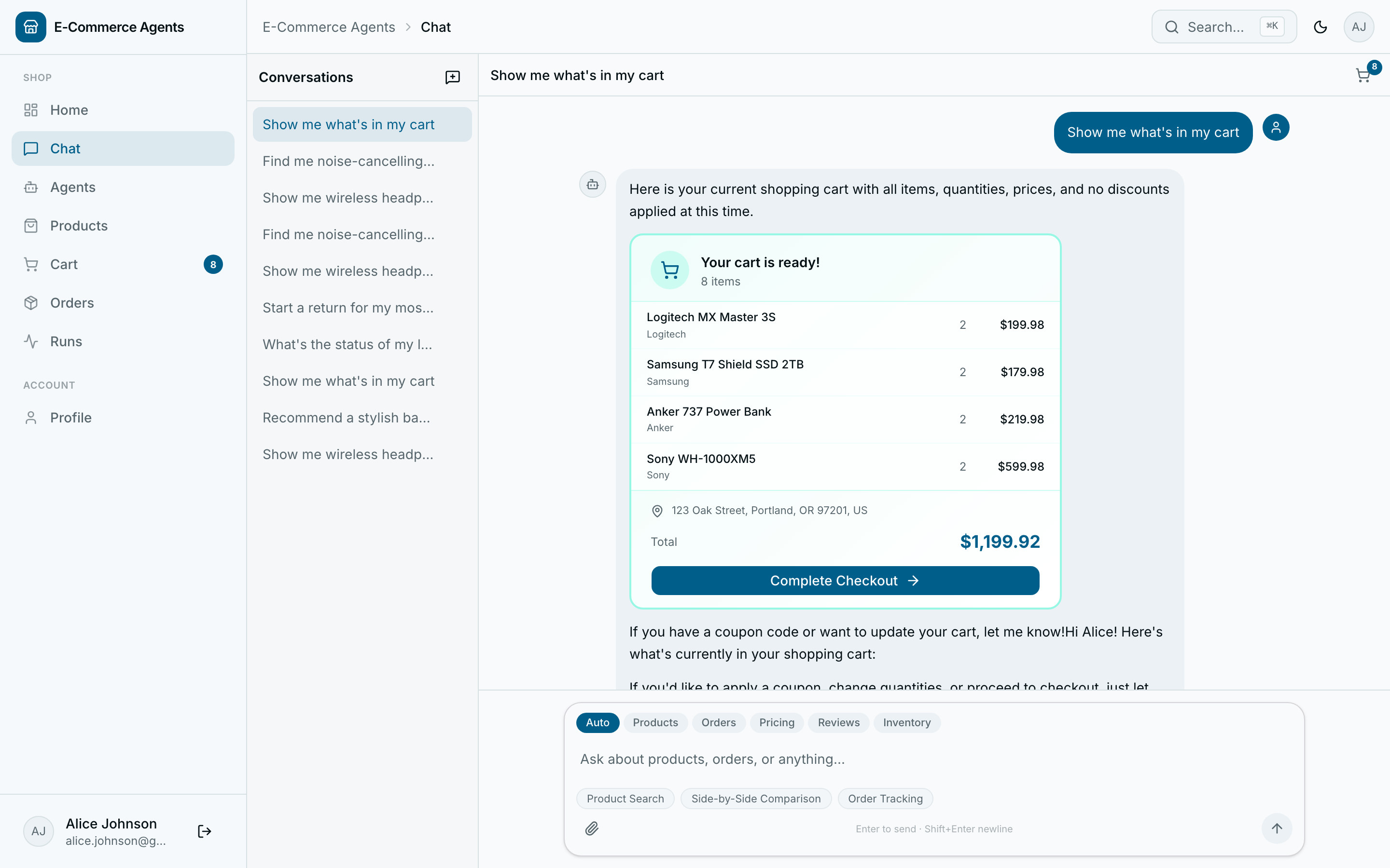 AI chat — cart summary