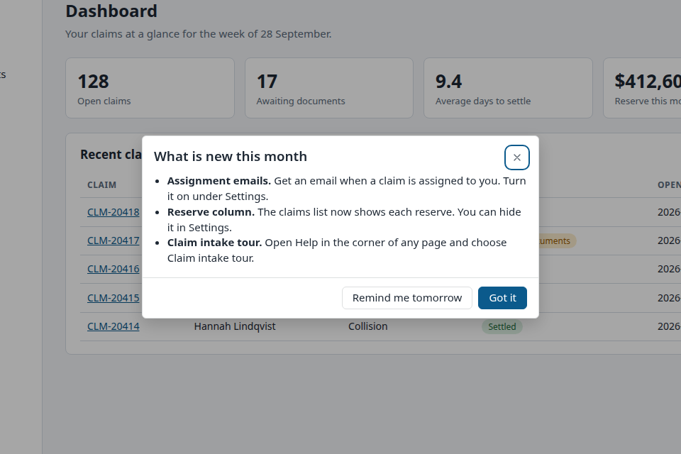 The What is new modal on the dashboard