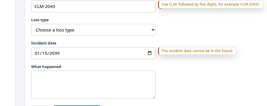 The incident date warning for a date in the future