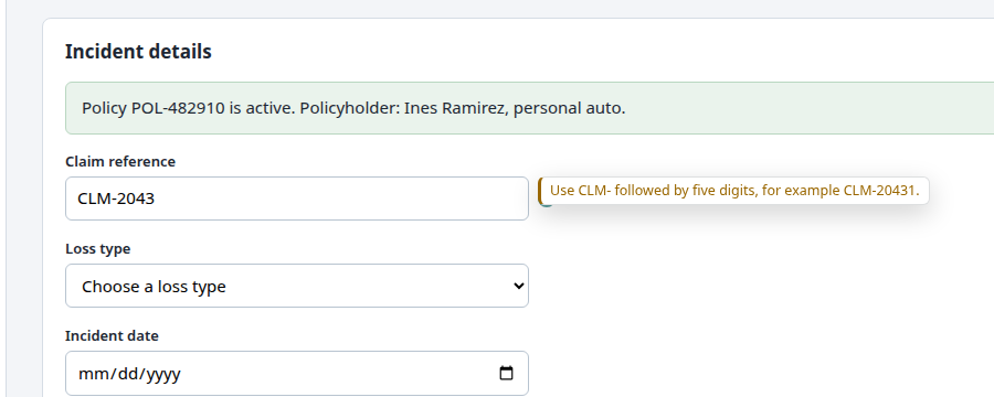 A validation message under the claim reference after a wrong value