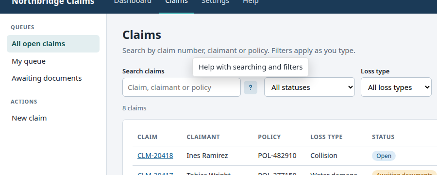 The help icon beside the claims search box