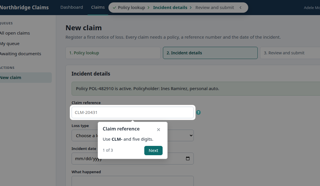 The File a claim process on the Incident details stage, with the stepper above the tooltip