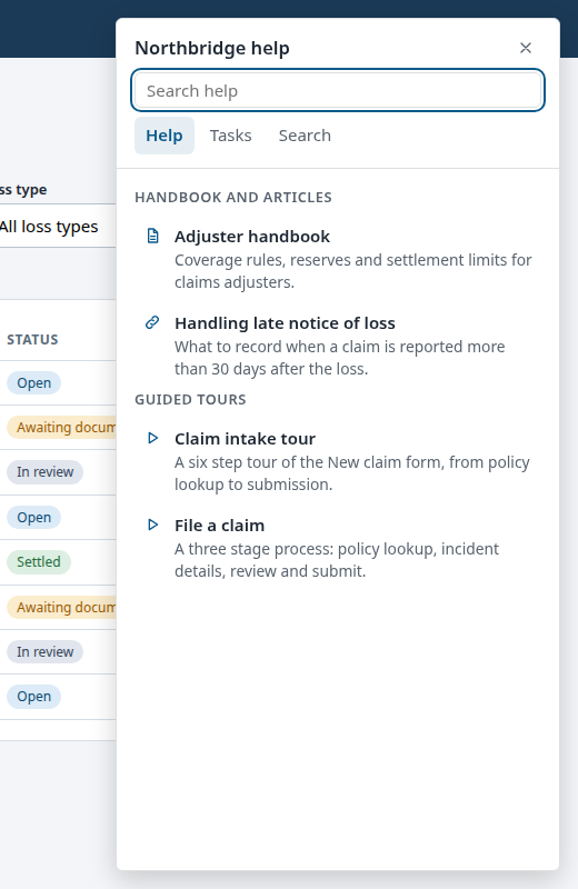 The Help tab listing the handbook and tours