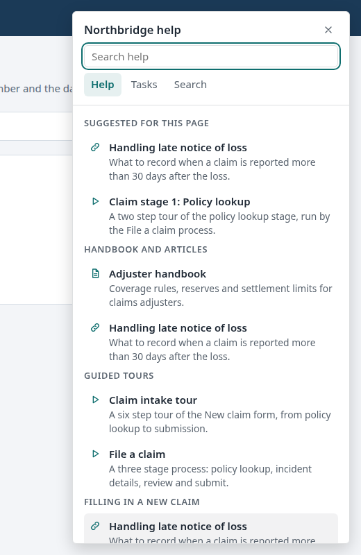 On the New claim page, the center suggests items for this page
