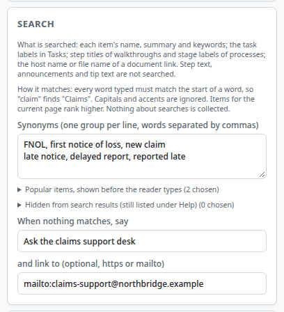 The Search card in the editor
