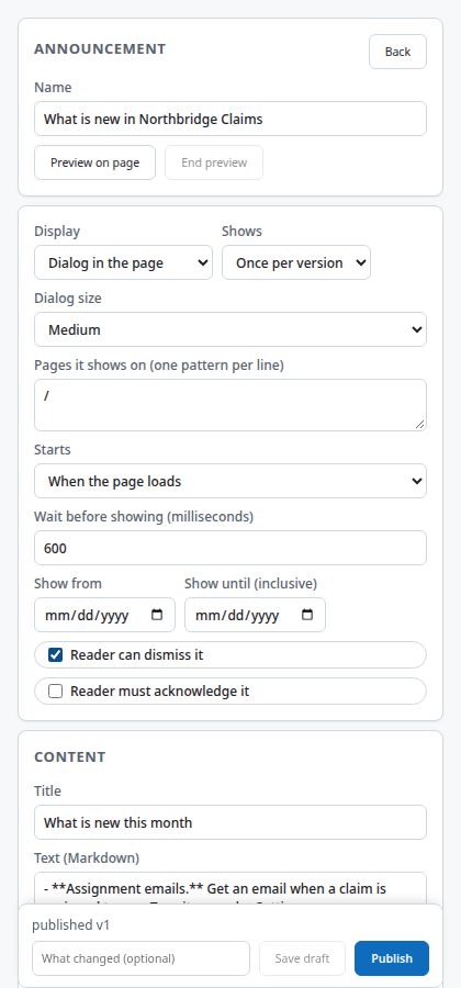 The announcement editor, with display, text, buttons and trigger