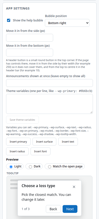 App settings: help bubble, announcement limit and theme variables