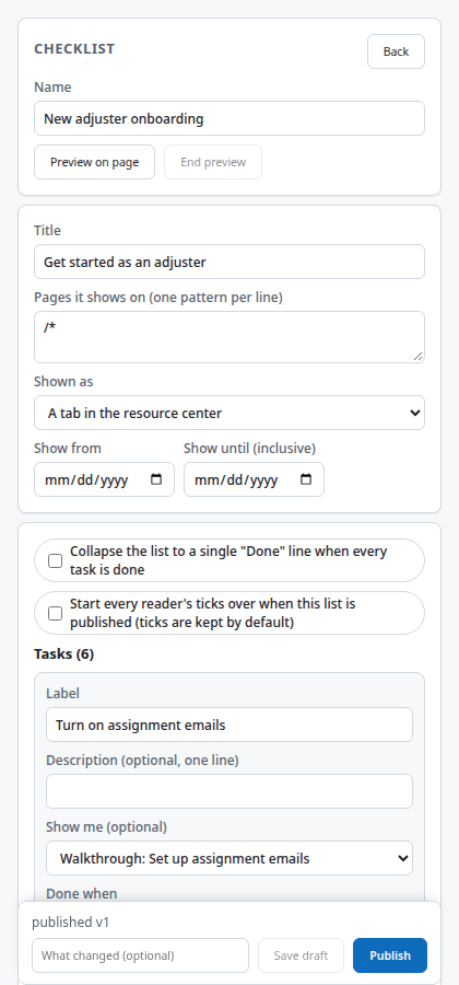 The checklist editor with its items and goals