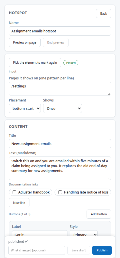 The hotspot editor with its anchor, text and button