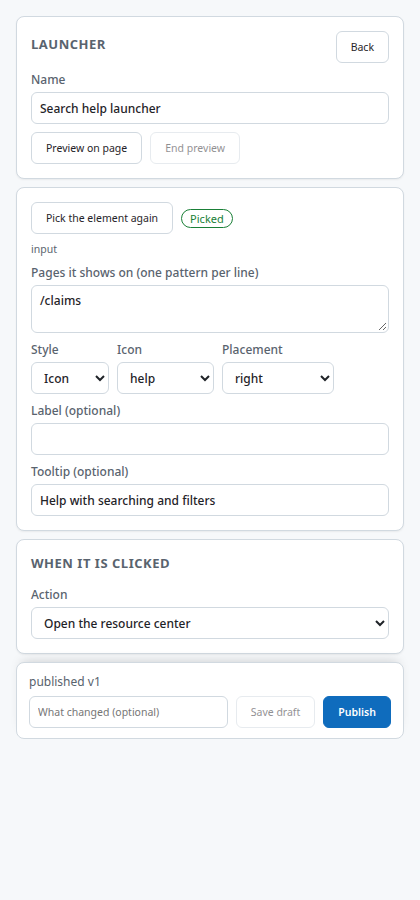 The launcher editor with style, icon, tooltip and action