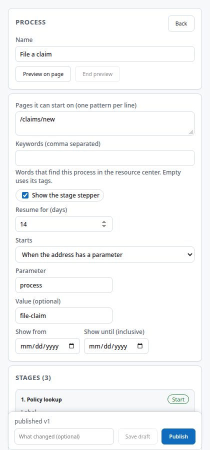The process editor listing the three stages