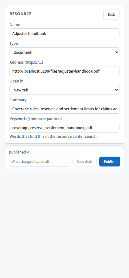 The resource editor with name, type, address and summary