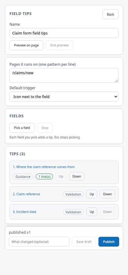 The tip set editor with the validation rule fields
