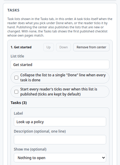 The Tasks card with a new list
