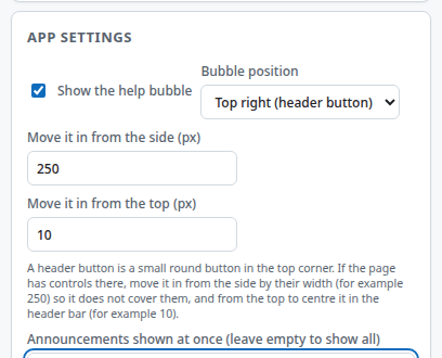 App settings for a header button