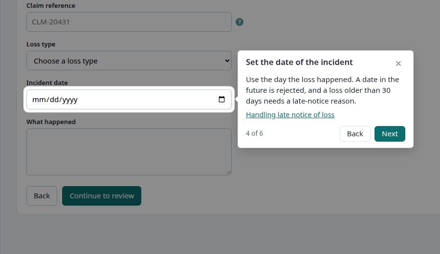 The incident date step, with a link to the late-notice article