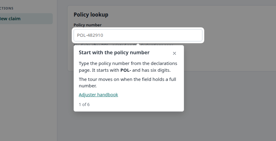 The first step of the claim intake tour, with a spotlight on the policy number field
