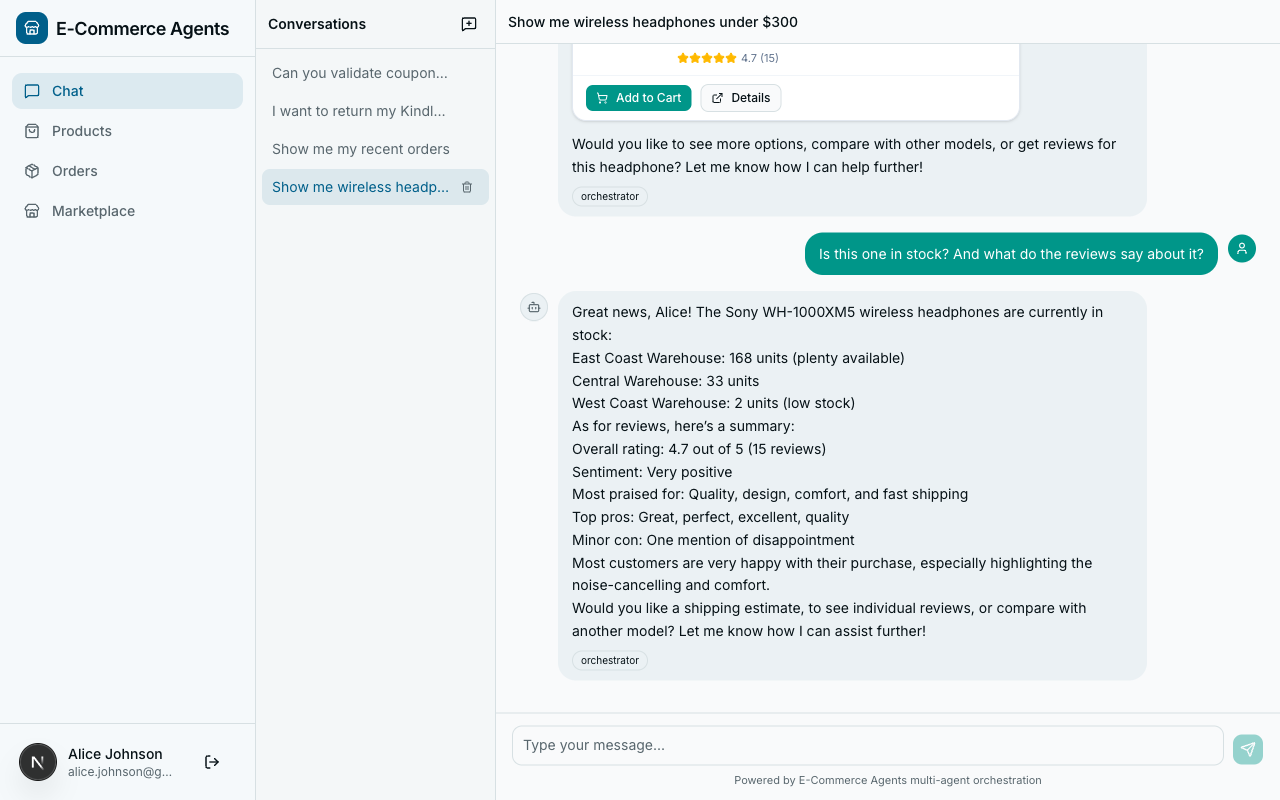 ECommerce Agents chat interface with multi-agent conversation and agent badges