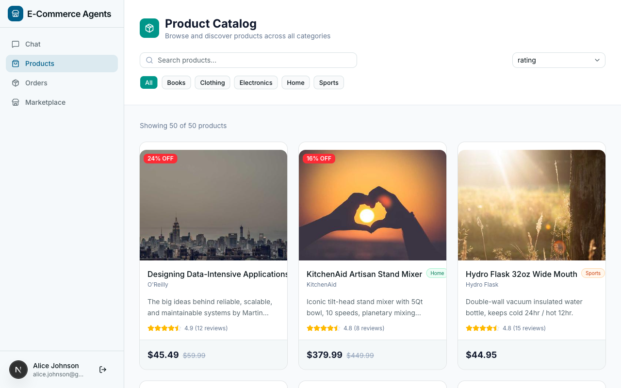 ECommerce Agents product catalog page with filters and search