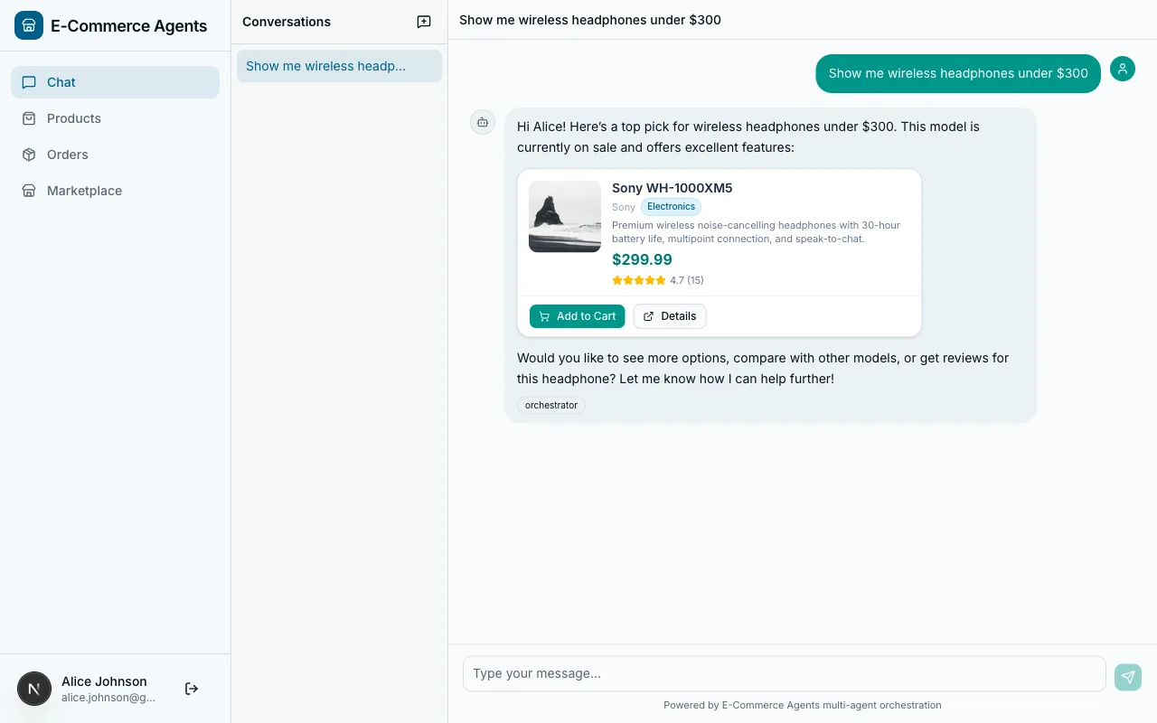 Chat UI showing product search results for headphones under $300