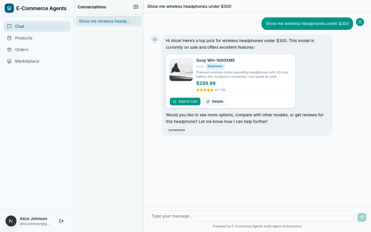 Chat UI rendering a rich product card from structured JSON output