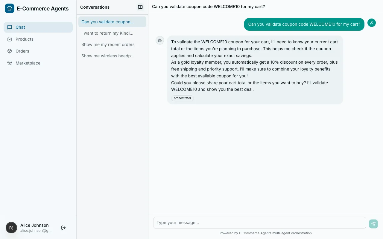 Chat showing coupon validation response with discount details