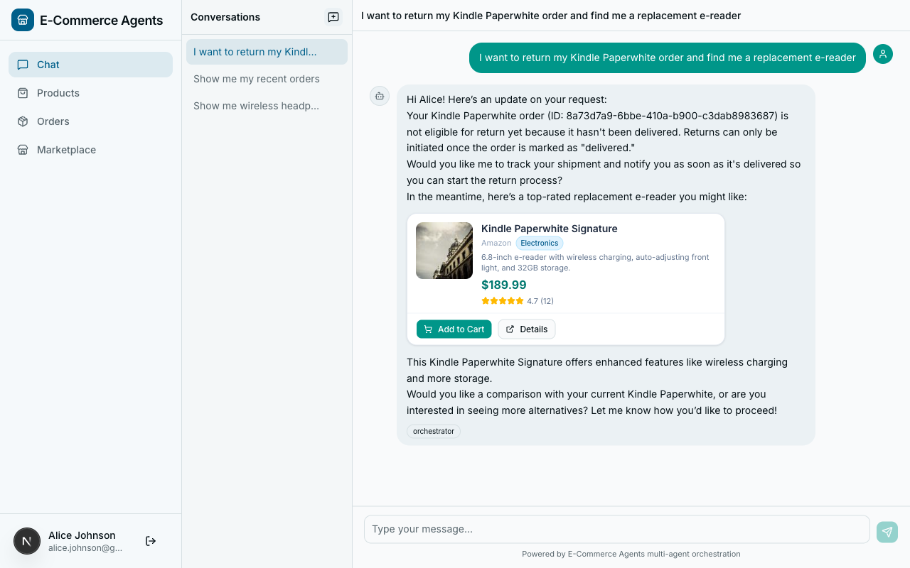 Multi-intent response handling return and product search together