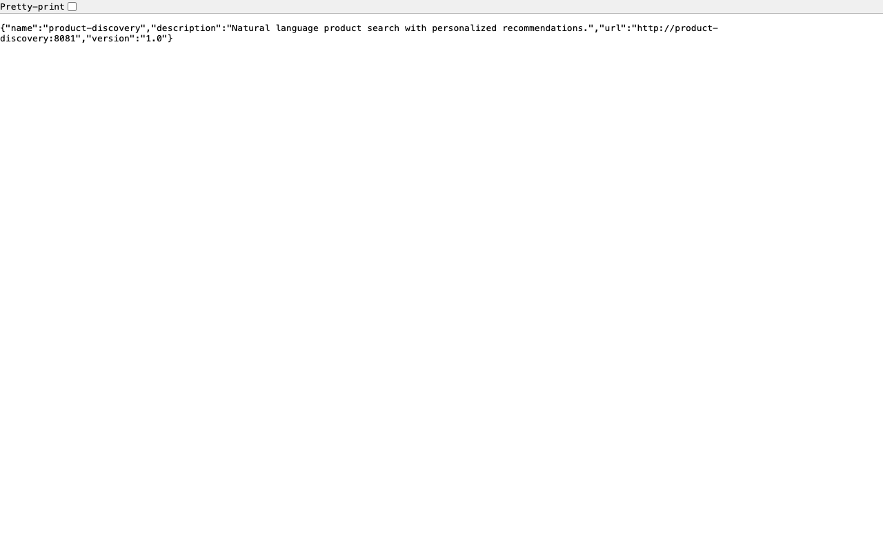 Agent card JSON response from the product discovery agent