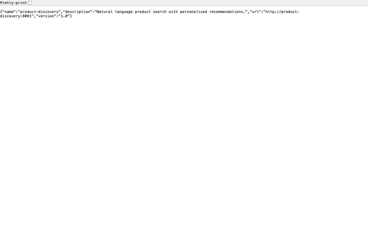 Agent card JSON response from the product discovery agent