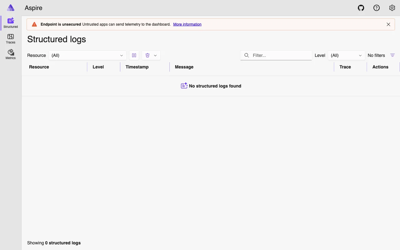 Structured logs in Aspire with trace_id correlation