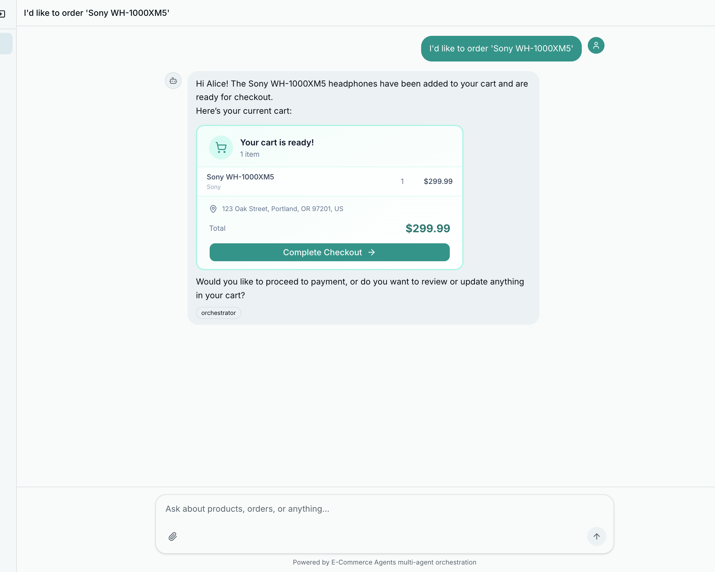 Chat showing the Add to Cart action flow — user message sent and agent response received