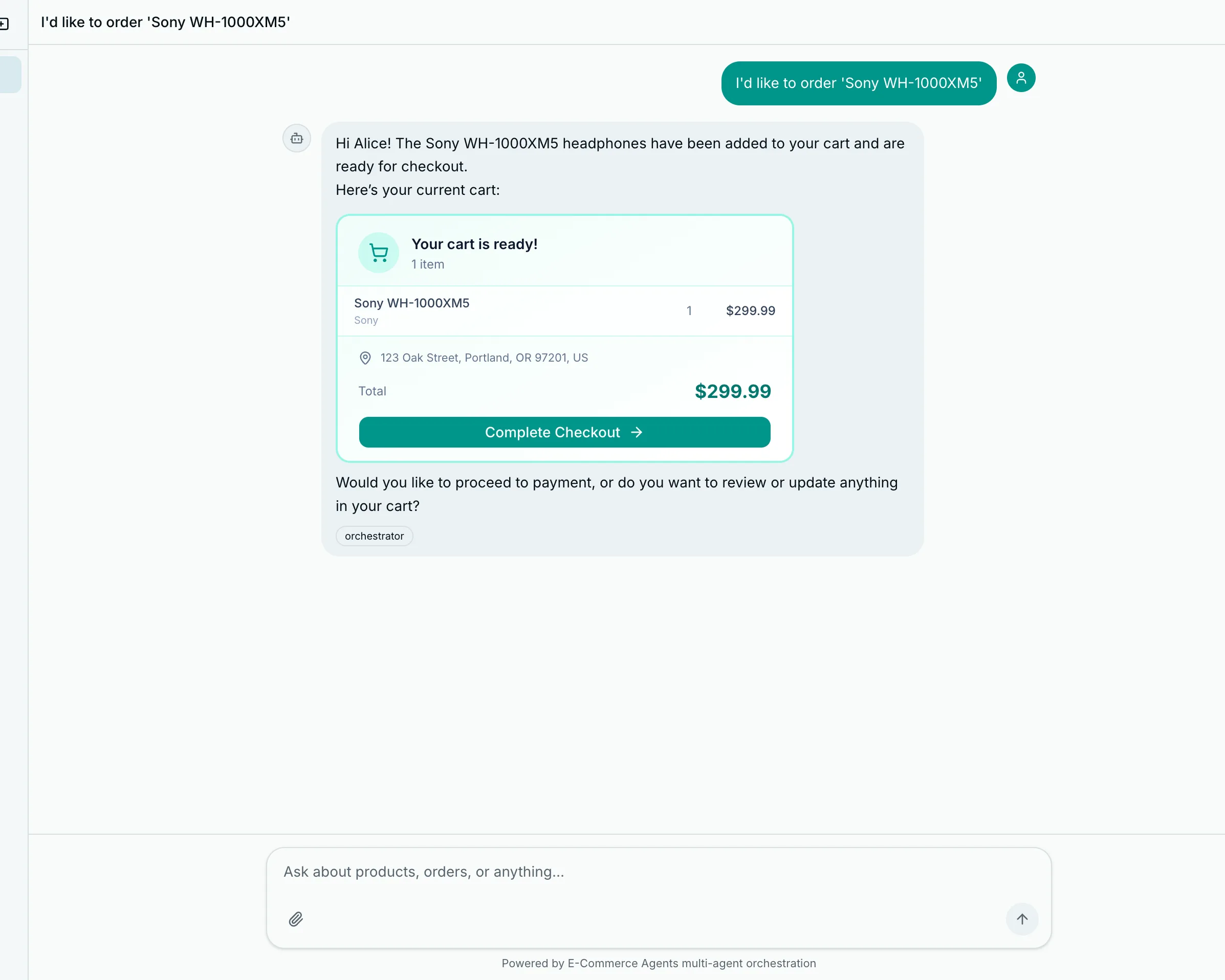 Chat showing the Add to Cart action flow, user message sent and agent response received