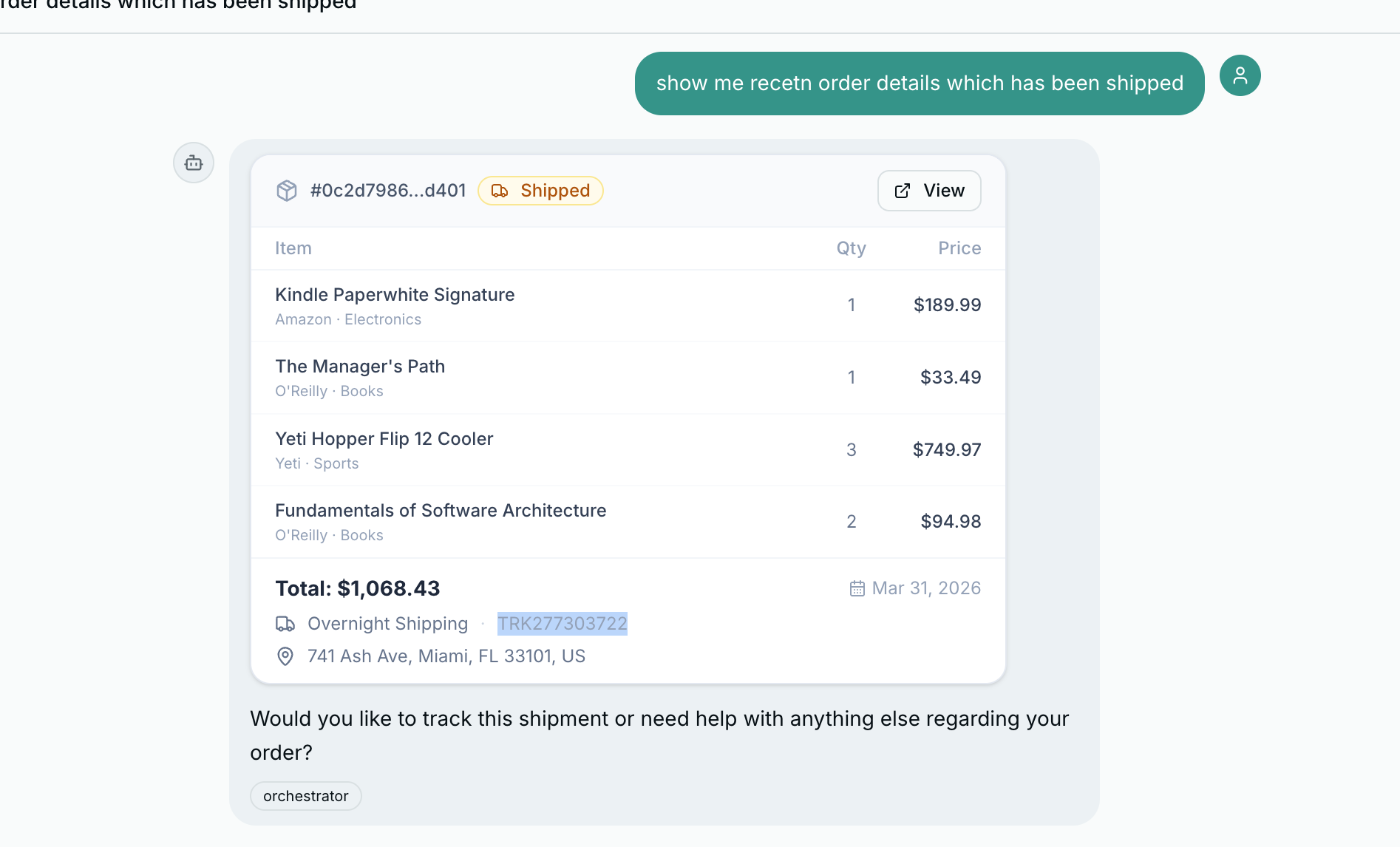 Rendered order card in the chat with status badge, items table, and tracking info