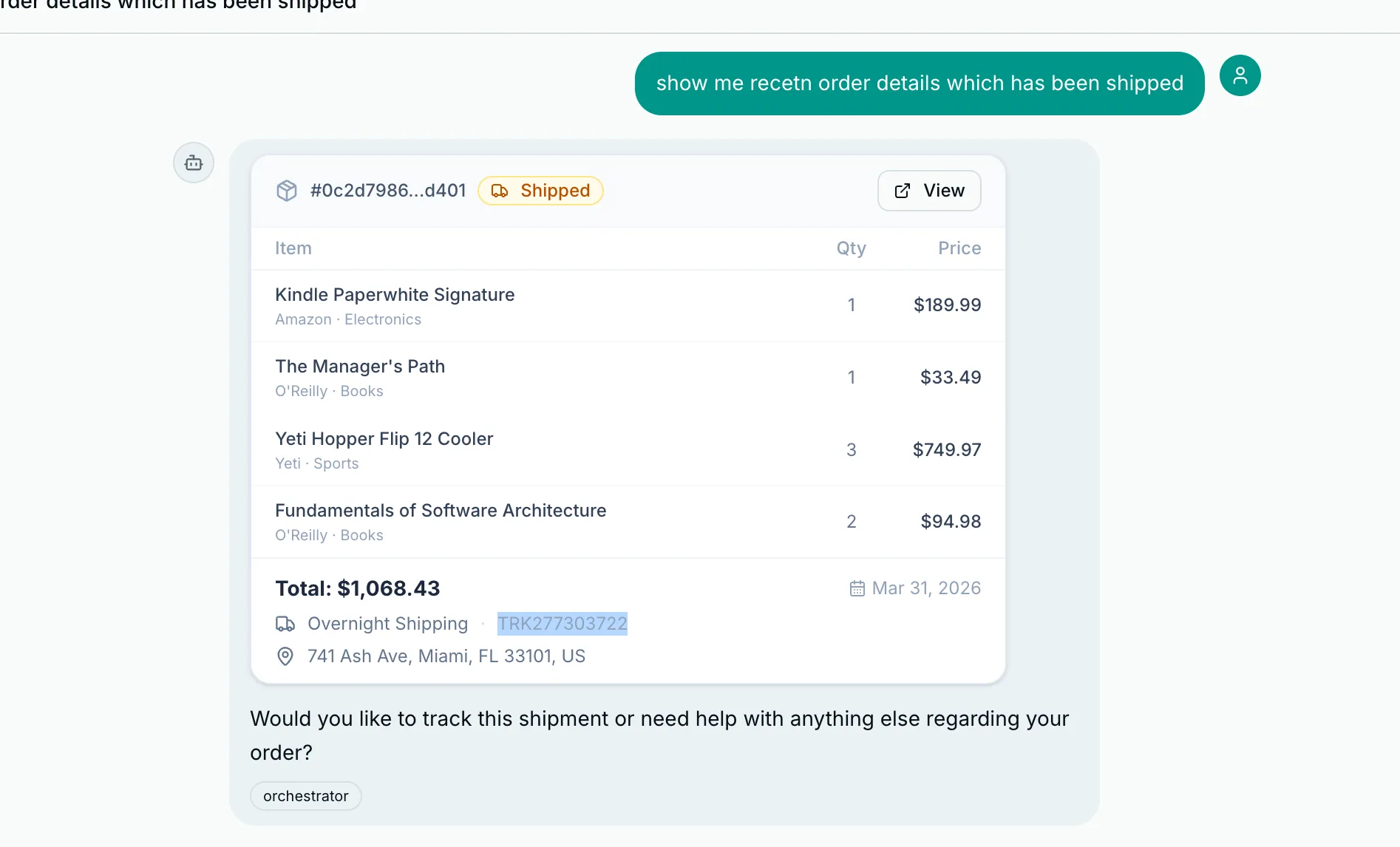 Rendered order card in the chat with status badge, items table, and tracking info