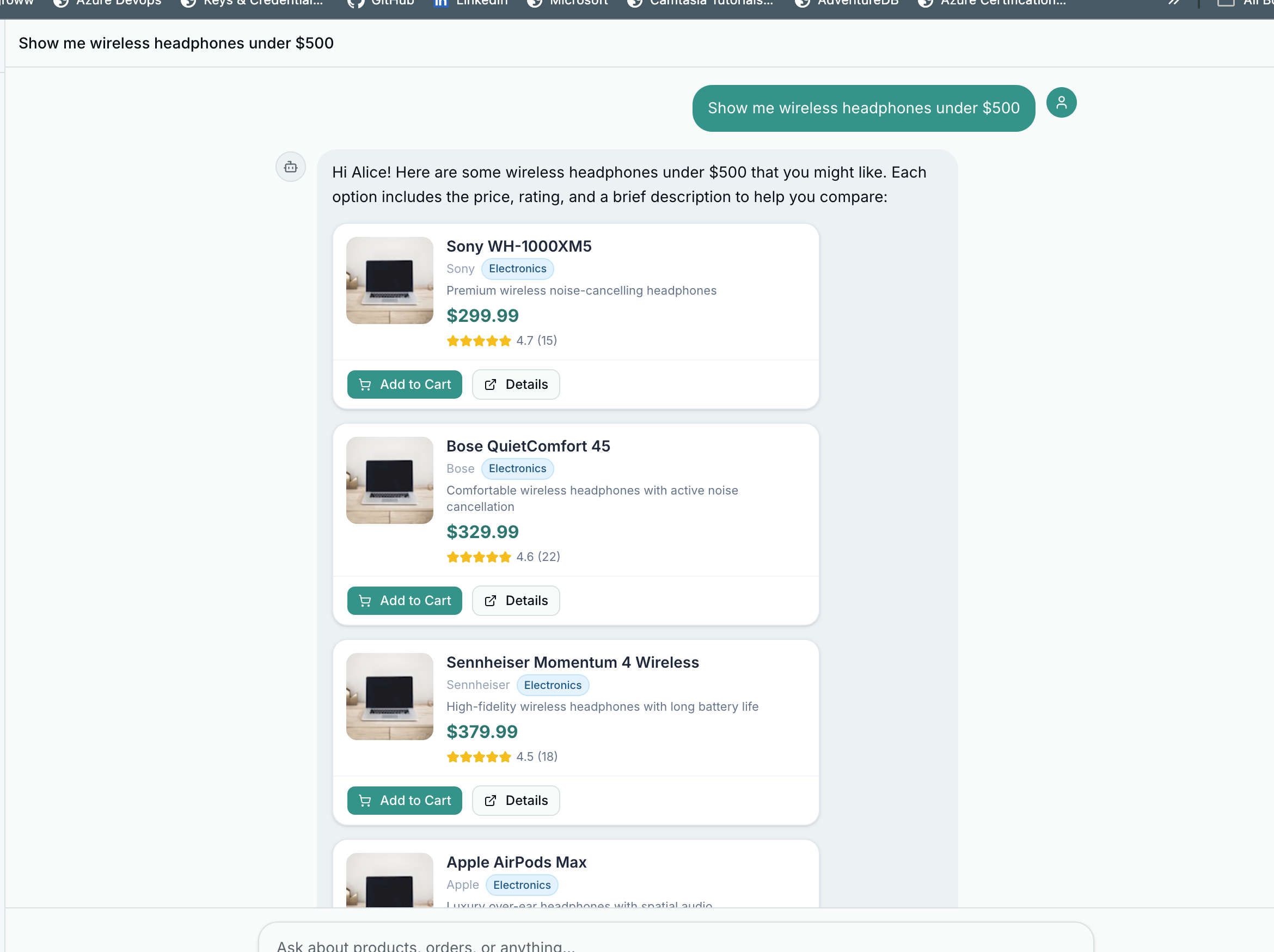 Rendered product cards in the chat with images, prices, and Add to Cart buttons
