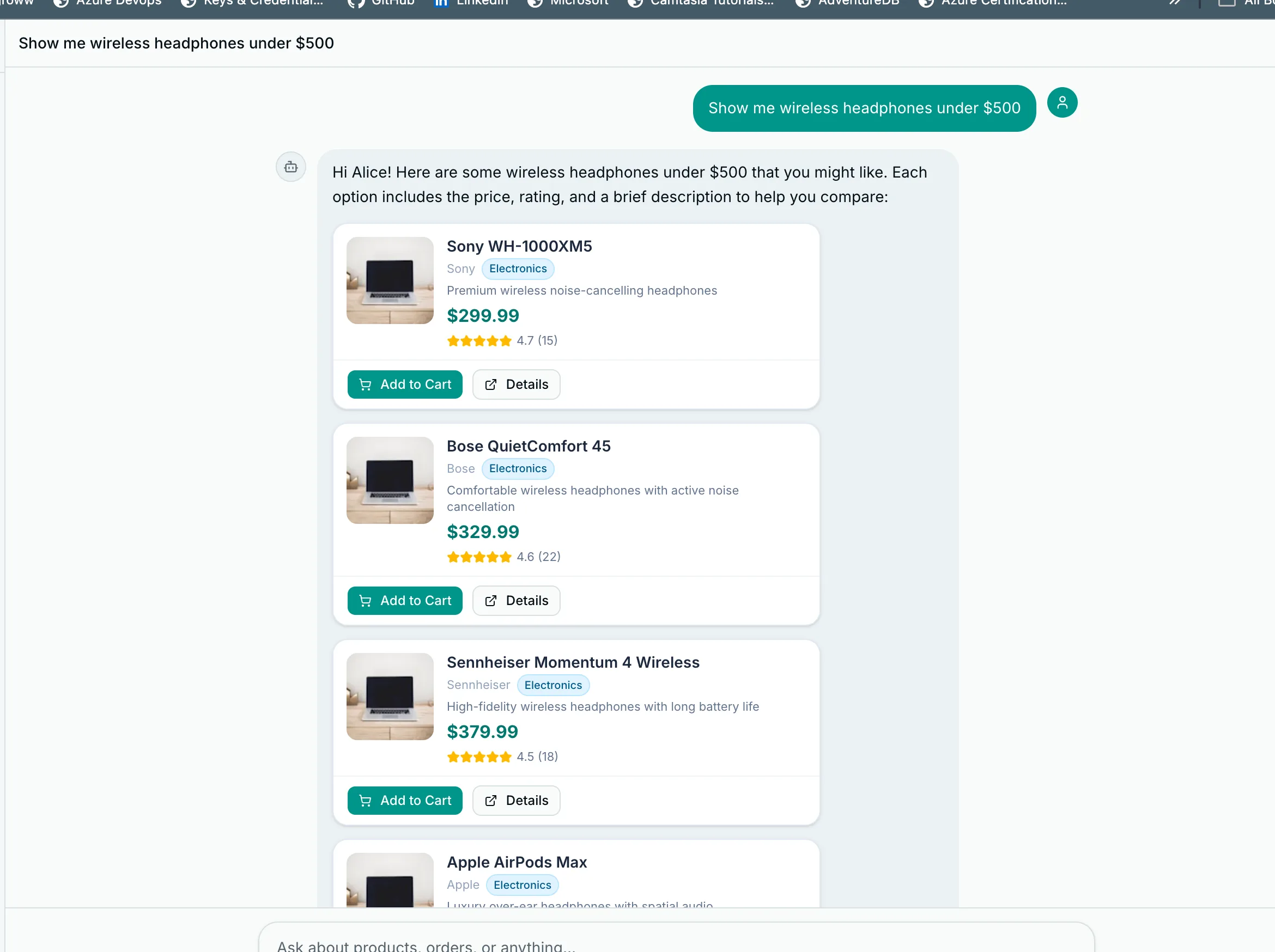 Rendered product cards in the chat with images, prices, and Add to Cart buttons