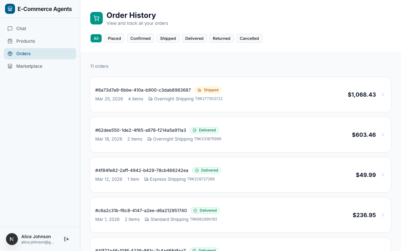Two customer sessions showing different orders for different users