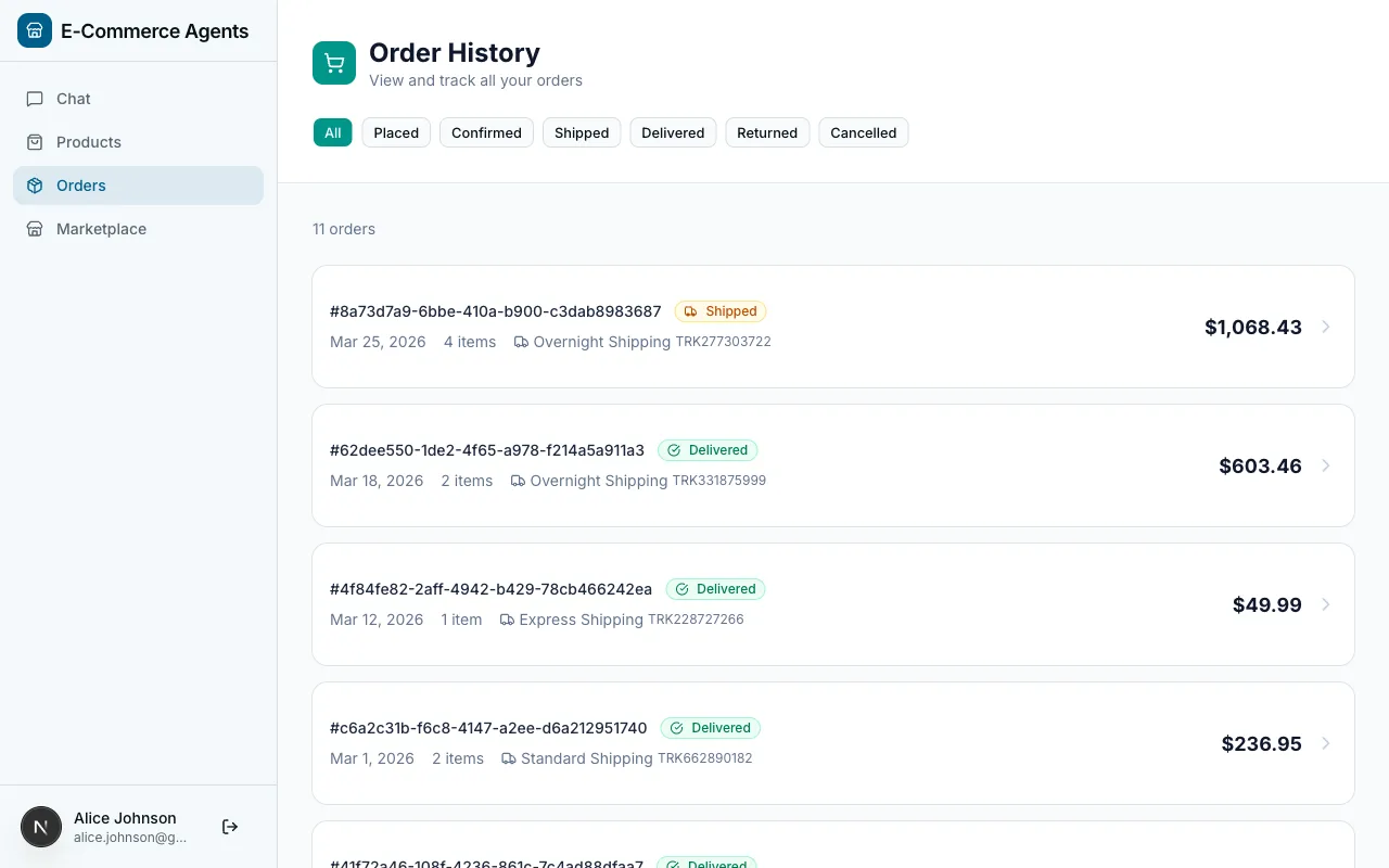 Two customer sessions showing different orders for different users
