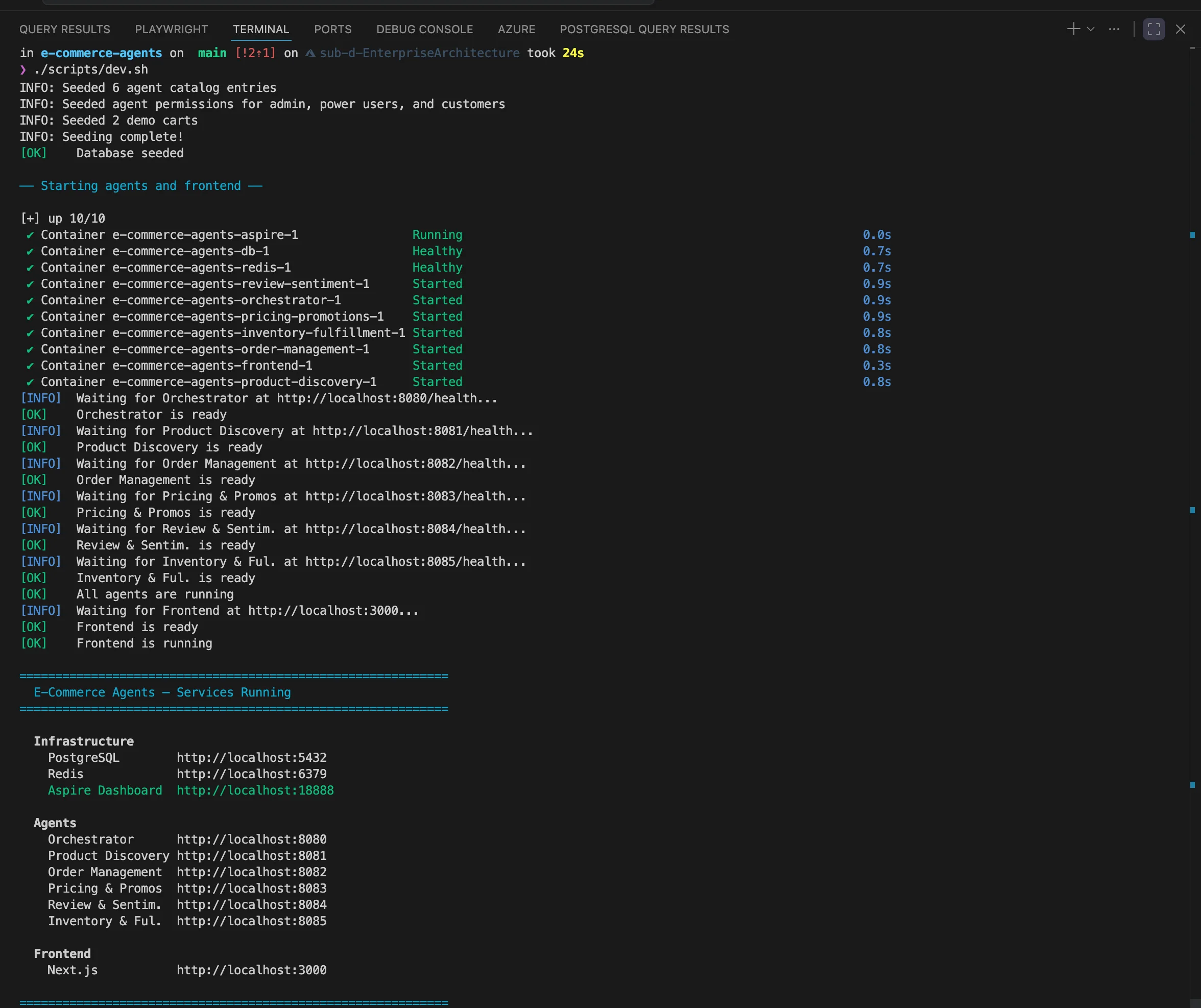 Terminal showing dev.sh startup completing with all service URLs