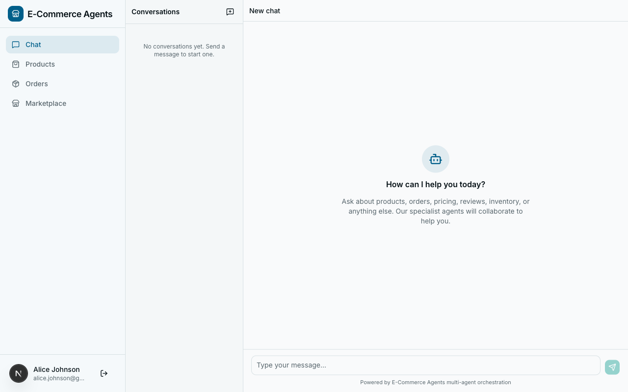 ECommerce Agents frontend running at localhost:3000