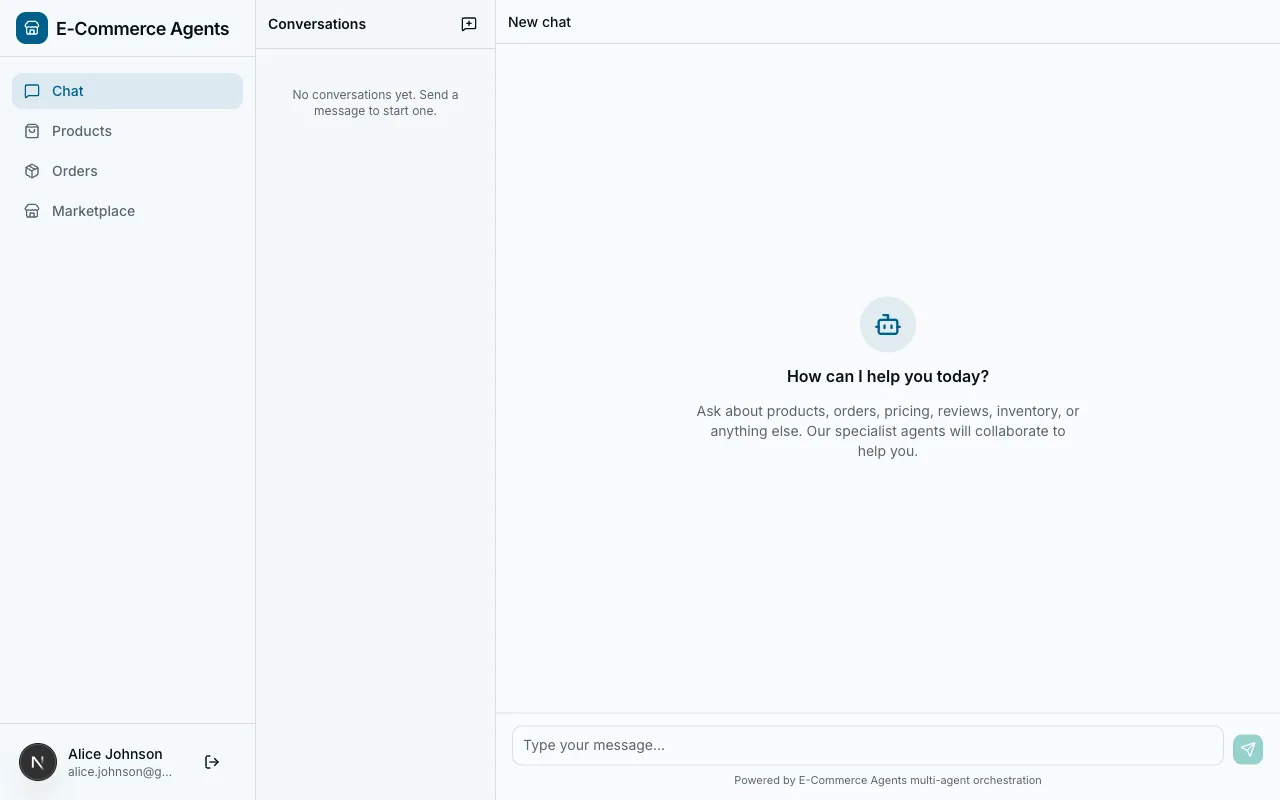 ECommerce Agents frontend running at localhost:3000