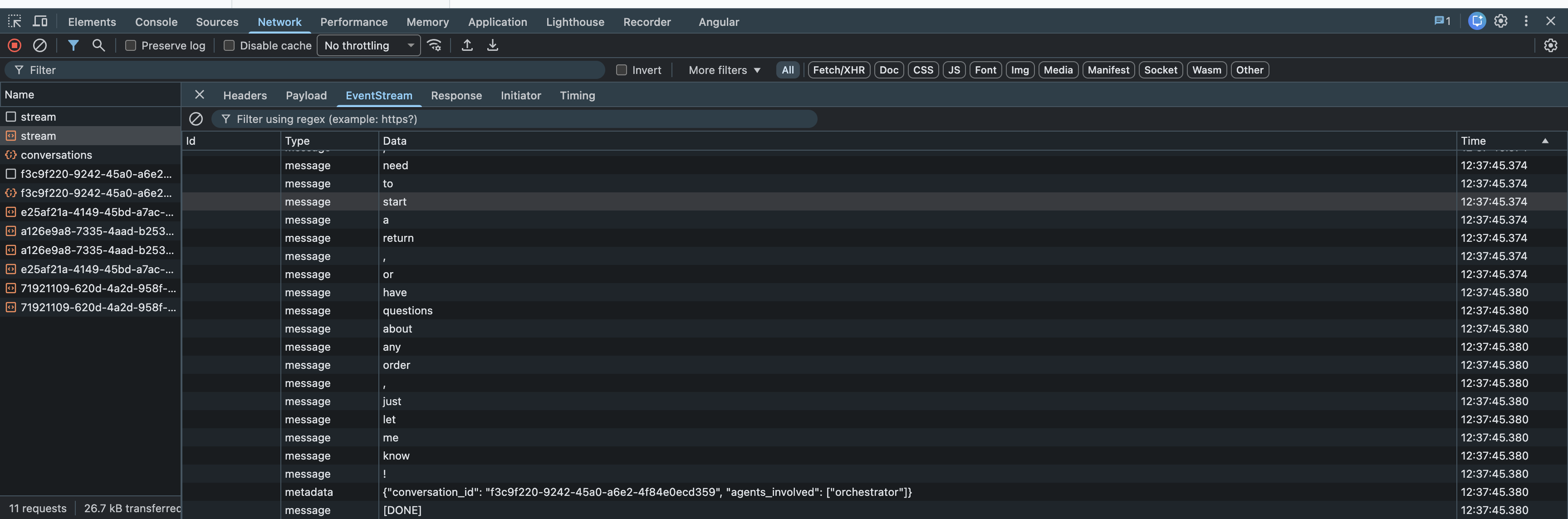 Browser DevTools Network tab showing SSE stream with individual data: events