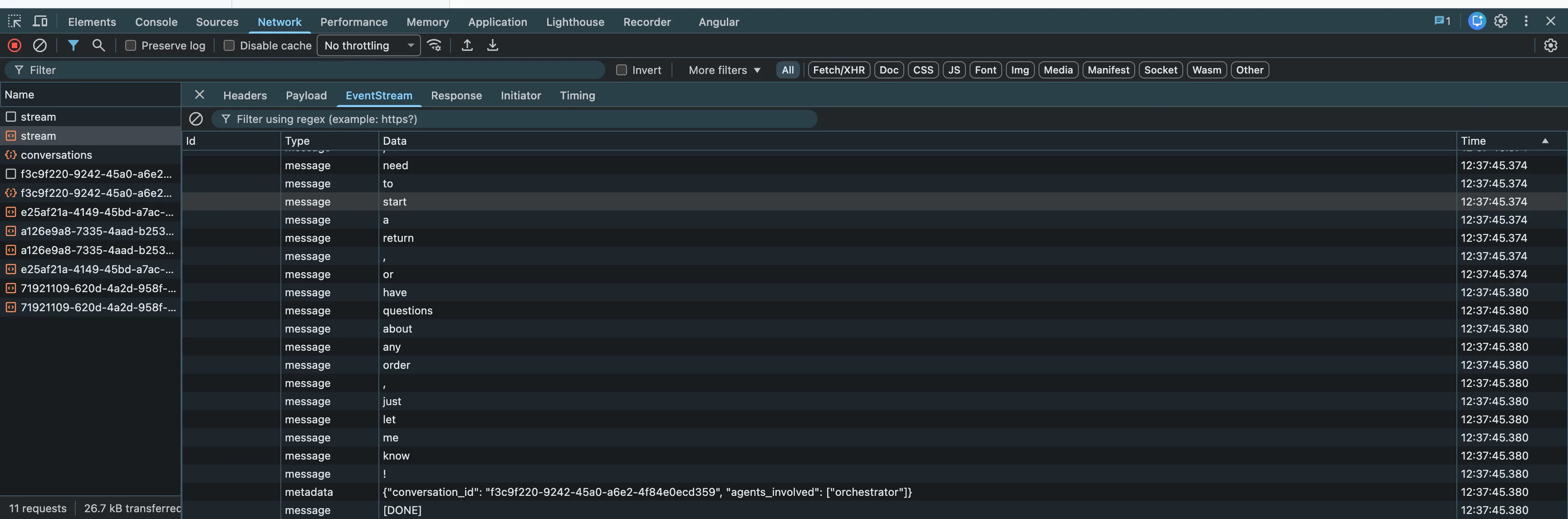 Browser DevTools Network tab showing SSE stream with individual data: events