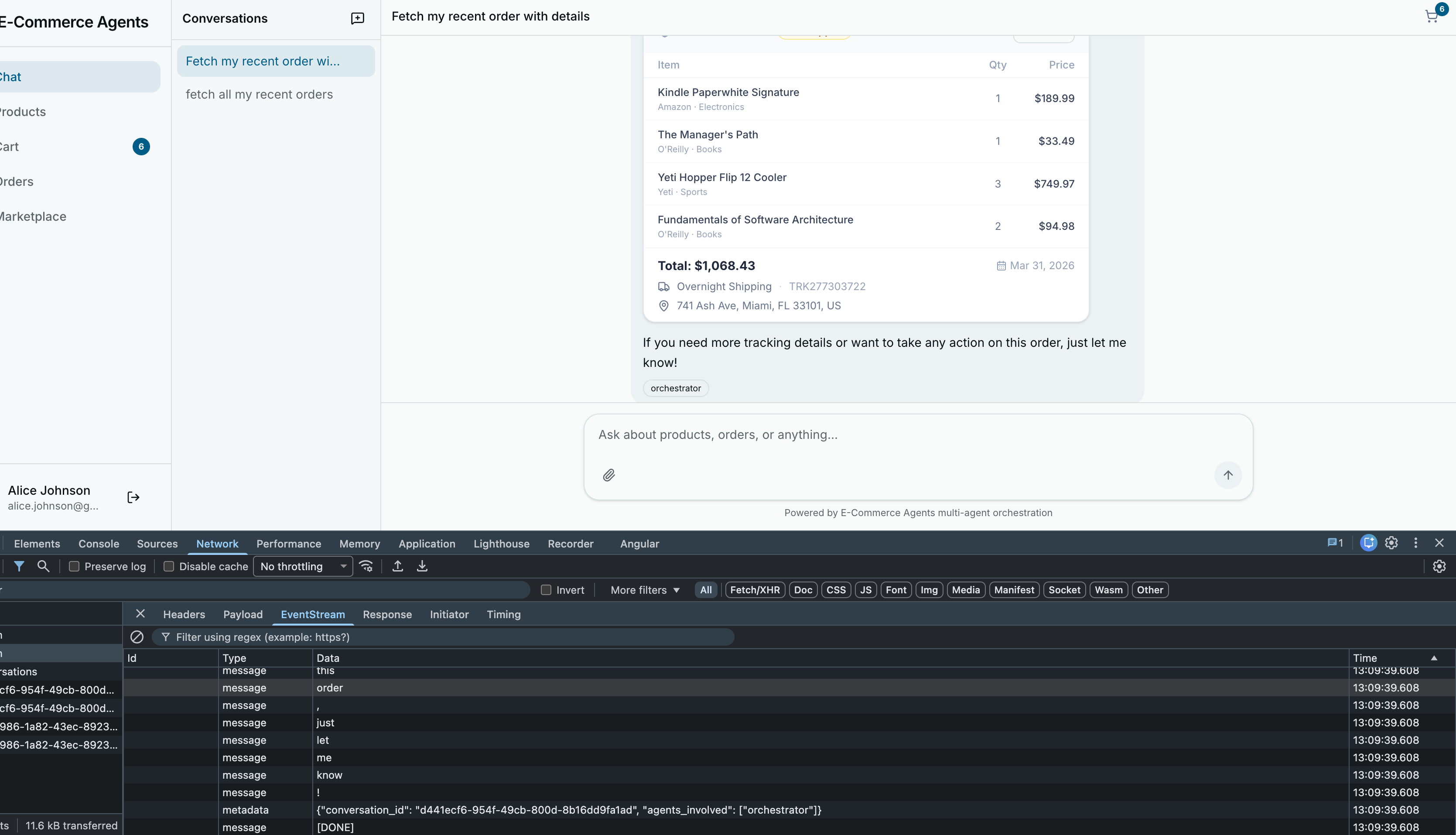 Completed streamed response with rendered product cards in the chat UI