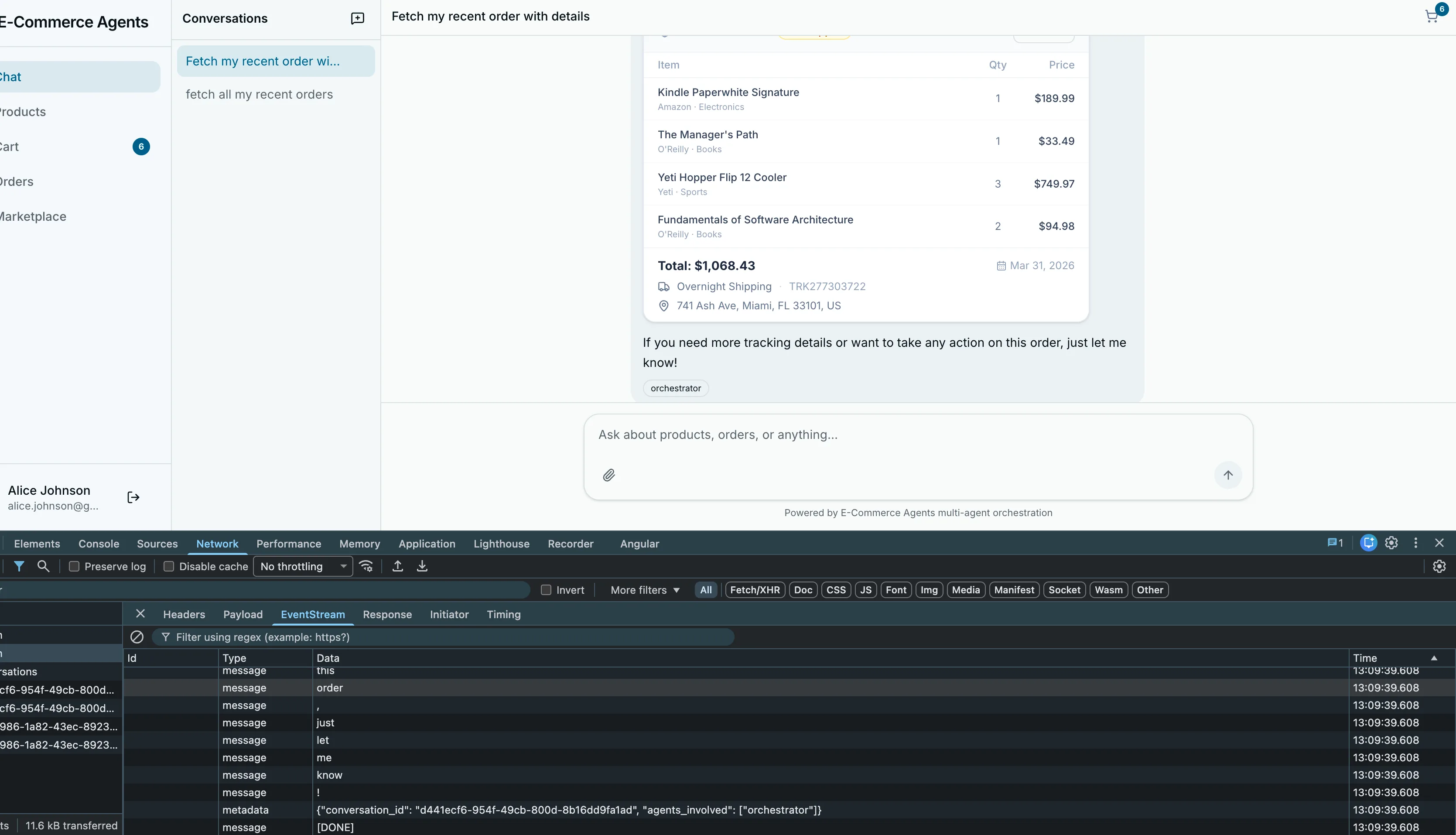 Completed streamed response with rendered product cards in the chat UI
