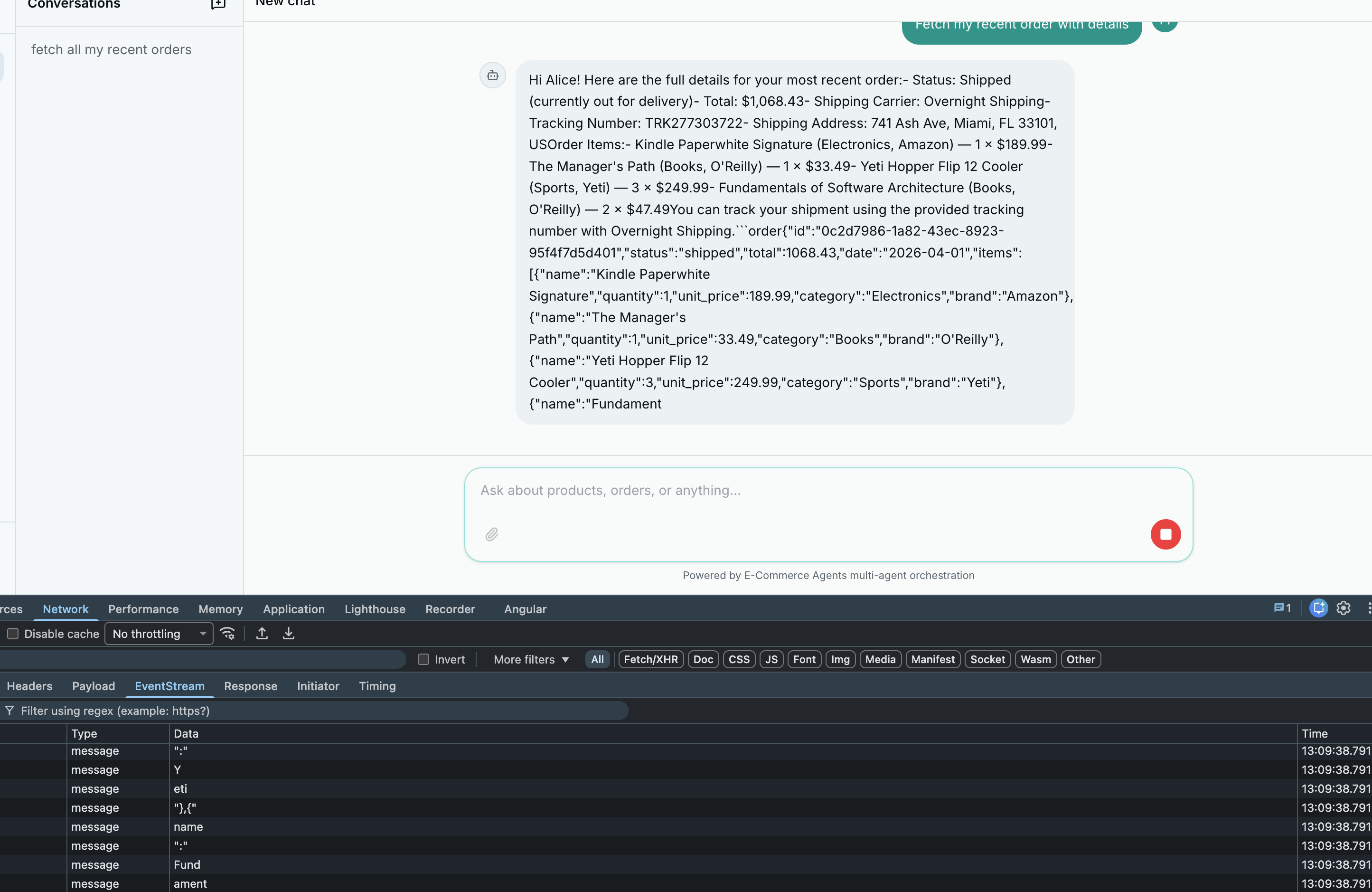 Streaming response in progress with partial text appearing in the chat UI