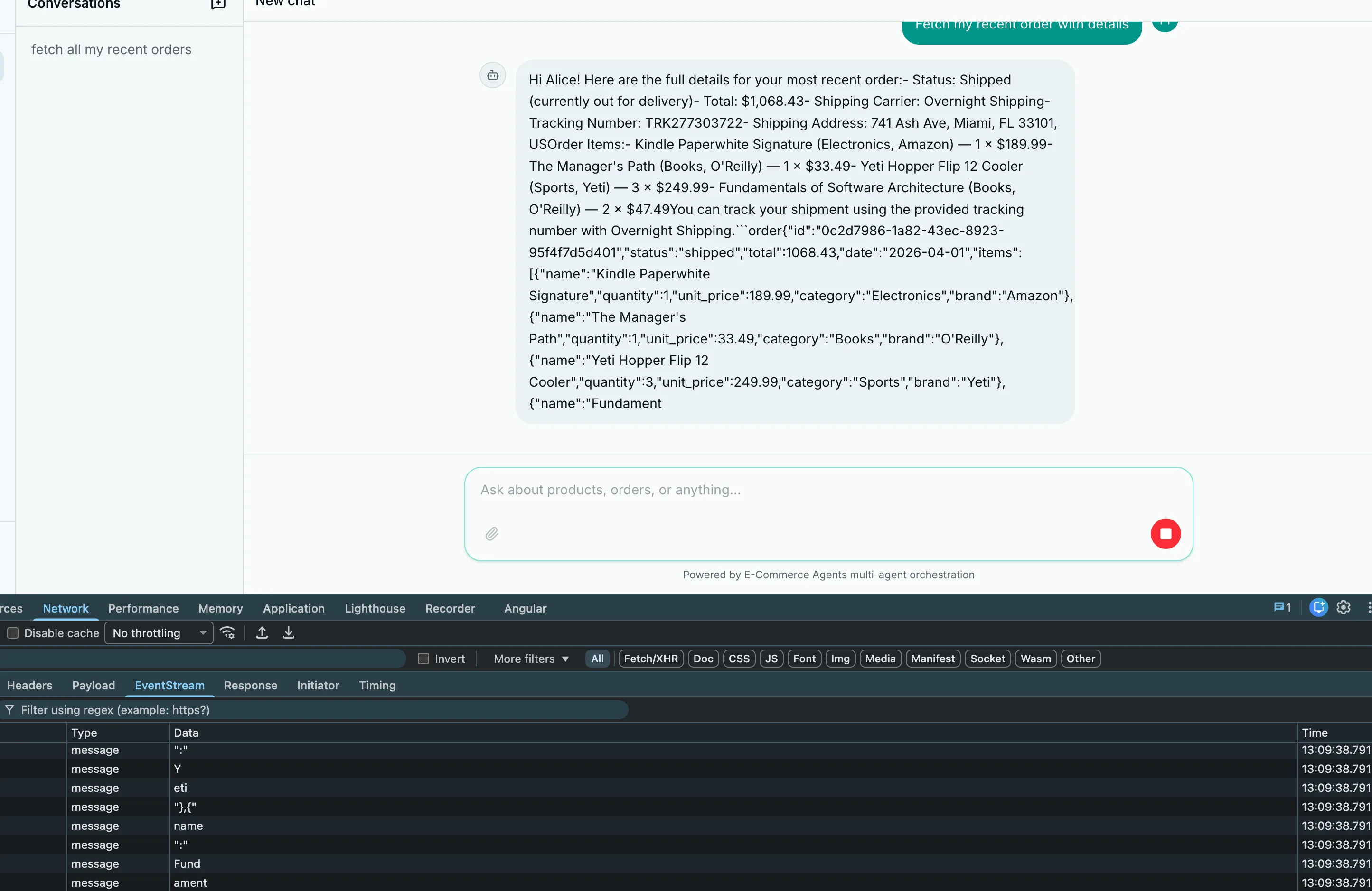 Streaming response in progress with partial text appearing in the chat UI