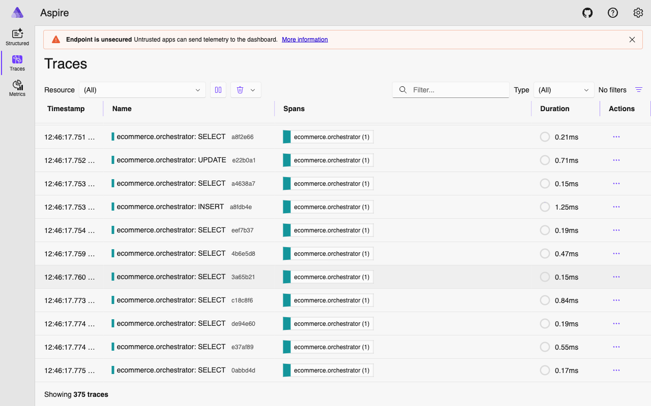 Aspire Dashboard trace showing memory recall during context loading